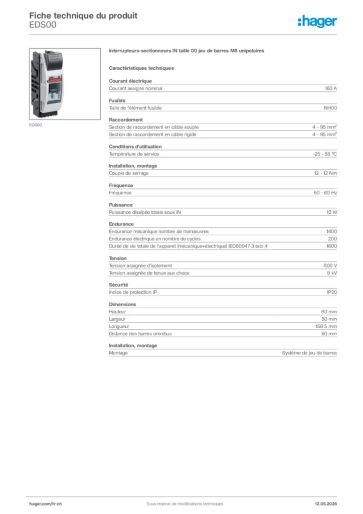 Image Hager Fiche technique du produit EDS00 | Hager Suisse