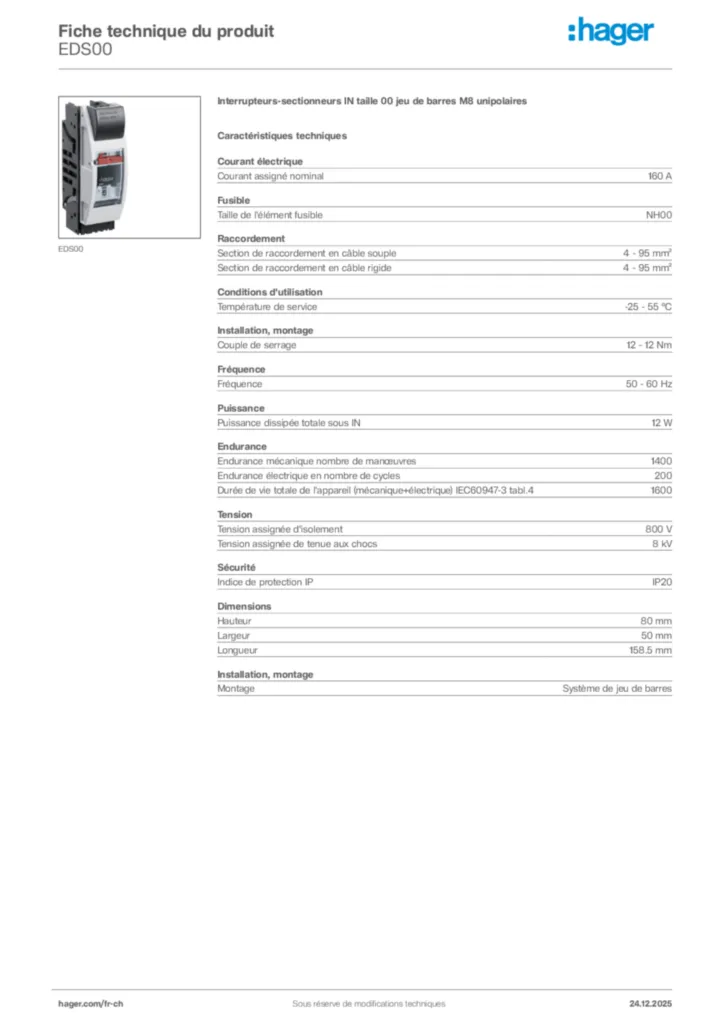 Image Hager Fiche technique du produit EDS00 | Hager Suisse