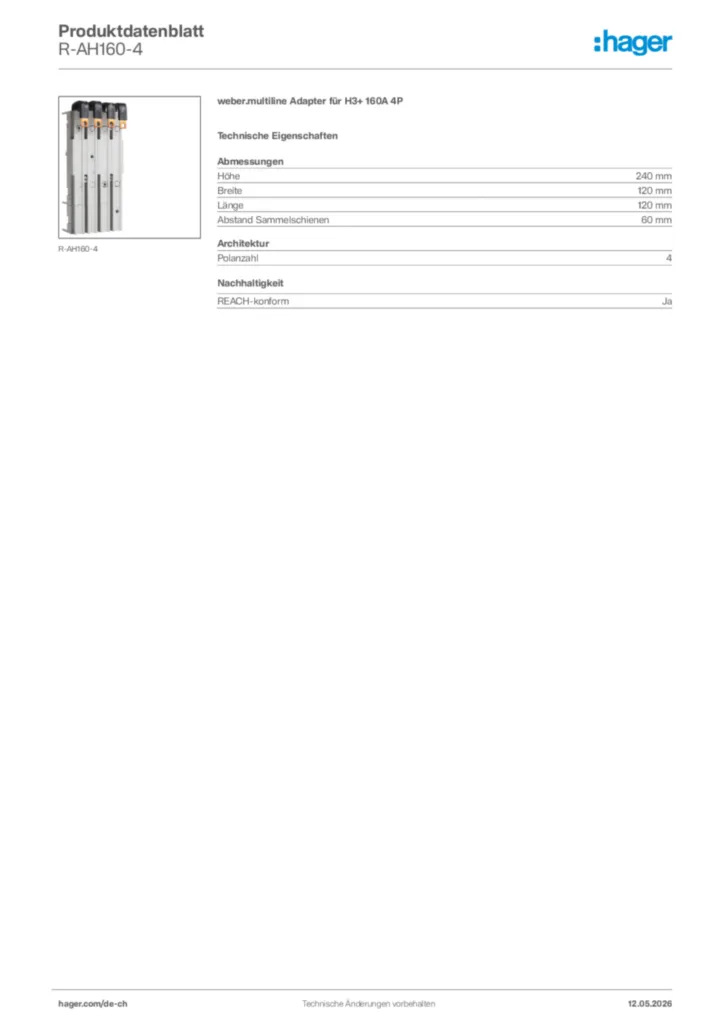 Bild Hager Produktdatenblatt R-AH160-4 | Hager Schweiz