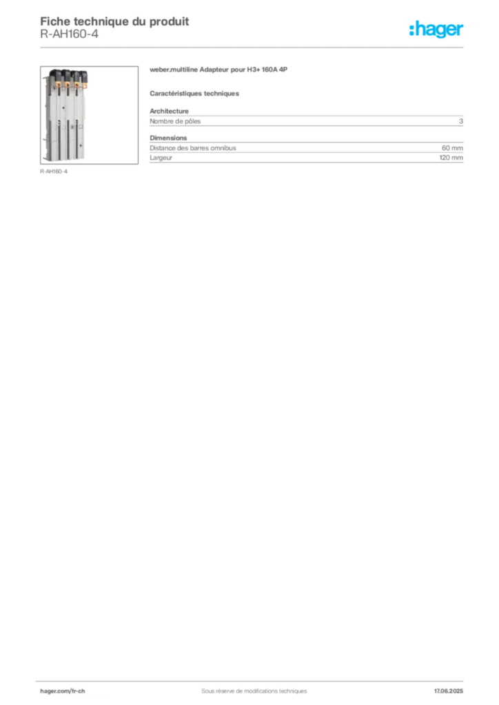 Image Hager Fiche technique du produit R-AH160-4 | Hager Suisse