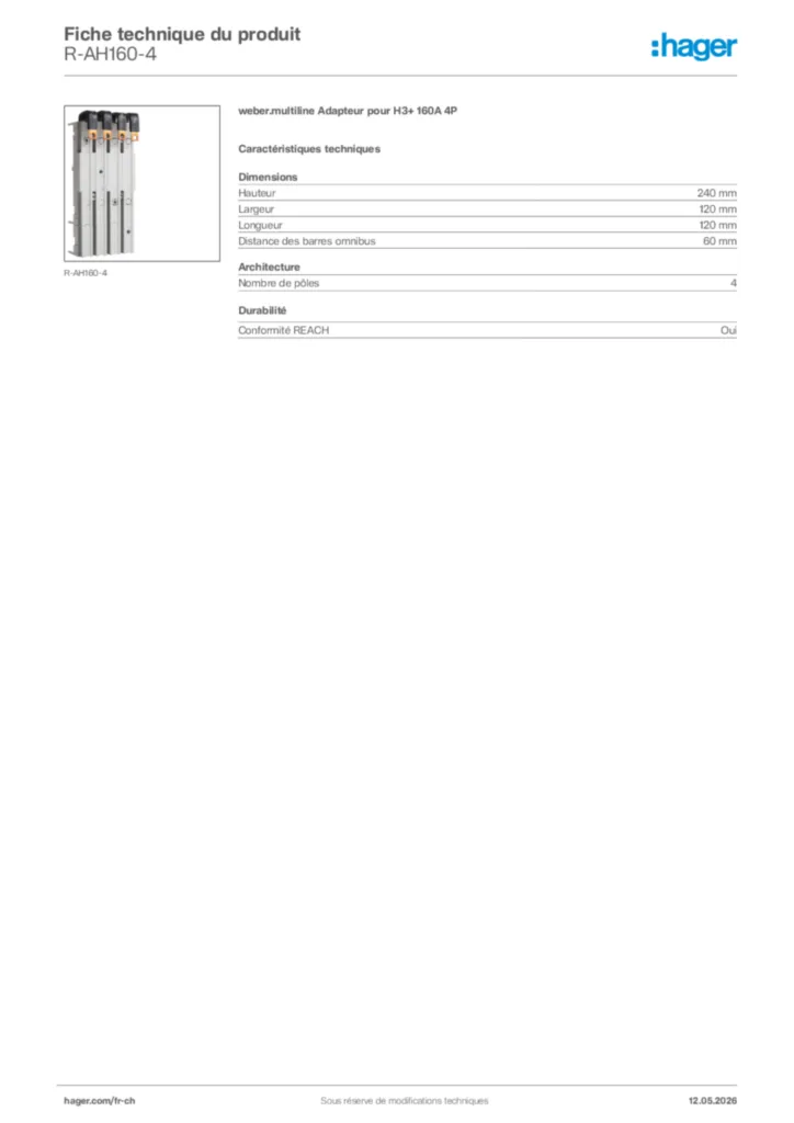 Image Hager Fiche technique du produit R-AH160-4 | Hager Suisse