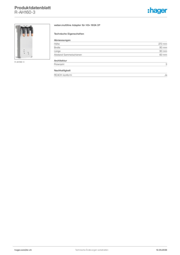 Bild Hager Produktdatenblatt R-AH160-3 | Hager Schweiz