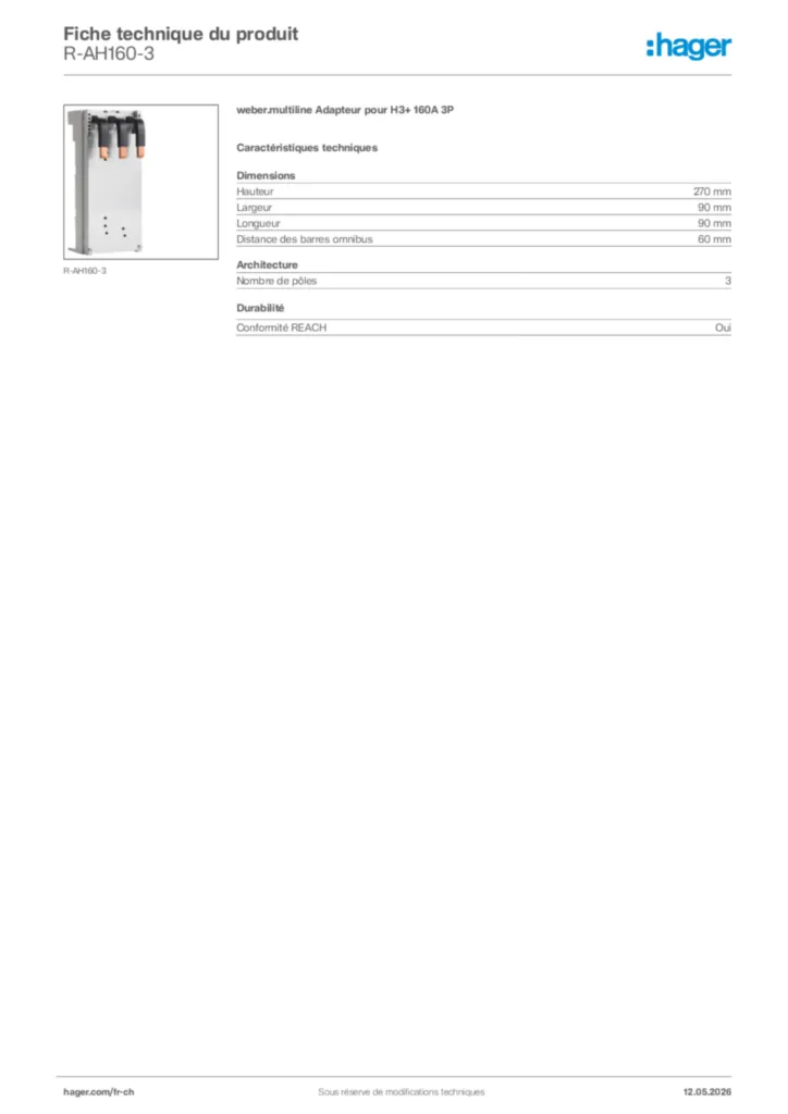 Image Hager Fiche technique du produit R-AH160-3 | Hager Suisse