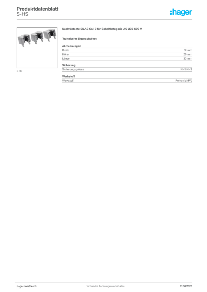 Bild Hager Produktdatenblatt S-HS | Hager Schweiz
