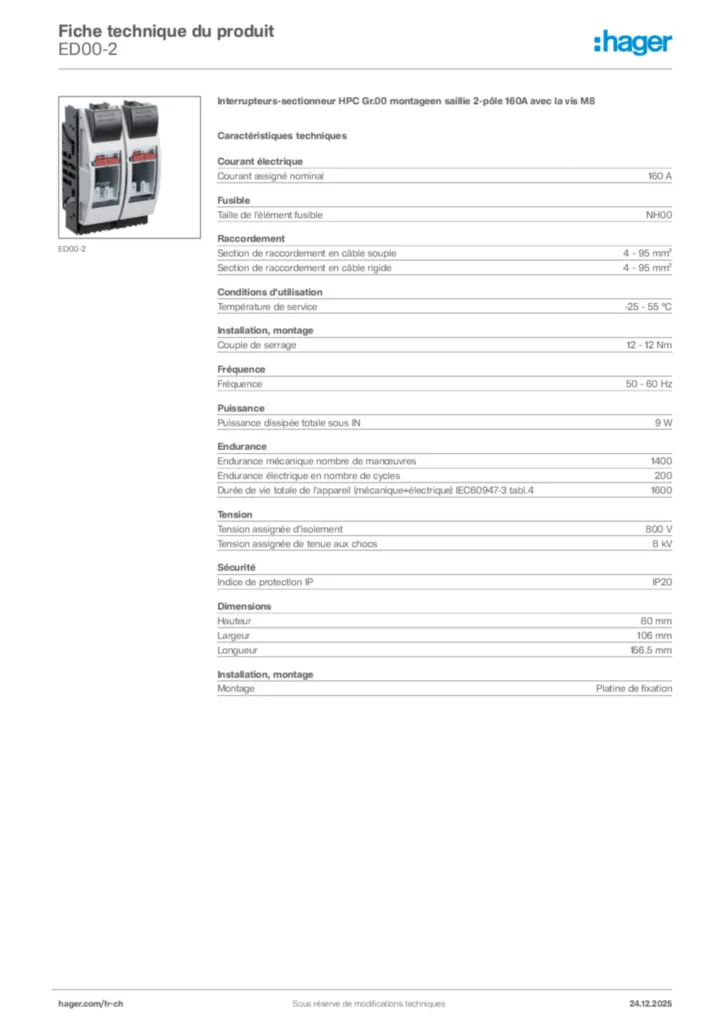 Image Hager Fiche technique du produit ED00-2 | Hager Suisse