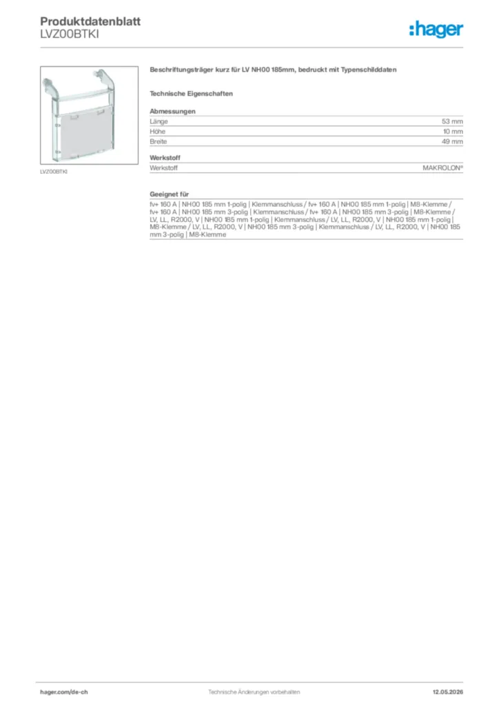 Bild Hager Produktdatenblatt LVZ00BTKI | Hager Schweiz