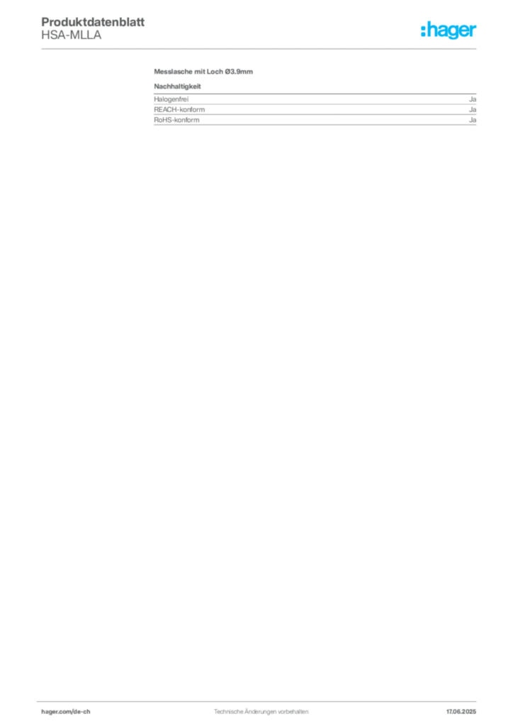 Bild Hager Produktdatenblatt HSA-MLLA | Hager Schweiz