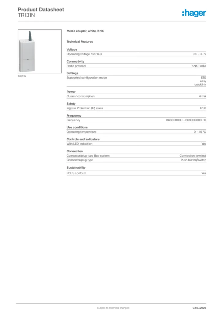 Image Hager Product data sheet TR131N  | Hager Africa
