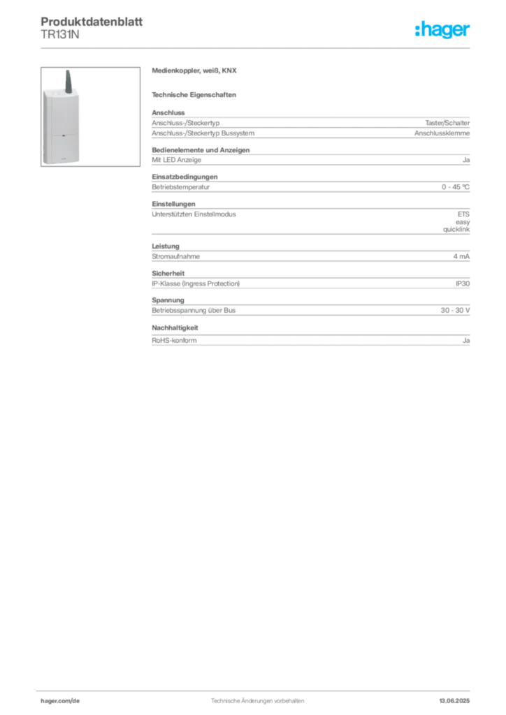 Bild Hager Produktdatenblatt TR131N | Hager Deutschland