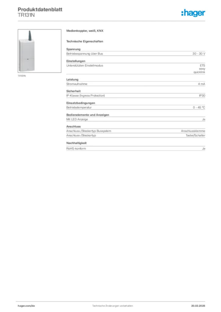 Bild Hager Produktdatenblatt TR131N | Hager Deutschland