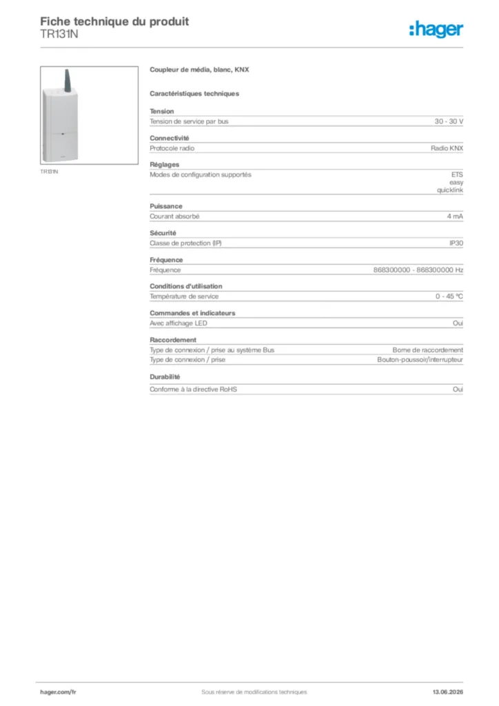 Image Hager Fiche technique du produit TR131N | Hager France