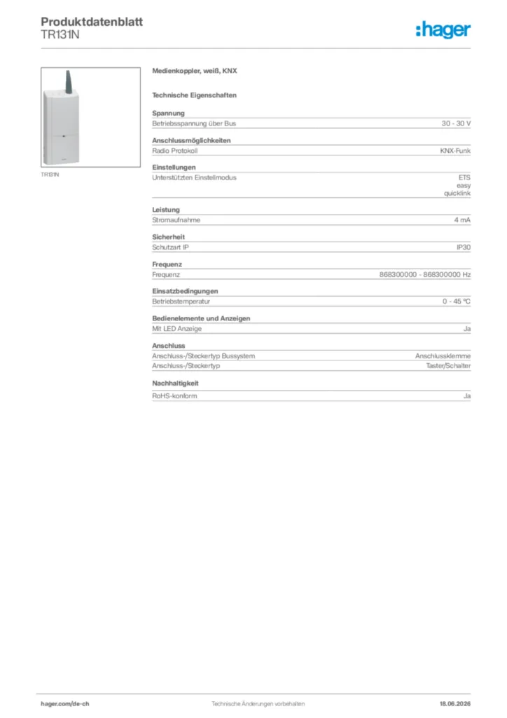 Bild Hager Produktdatenblatt TR131N | Hager Schweiz