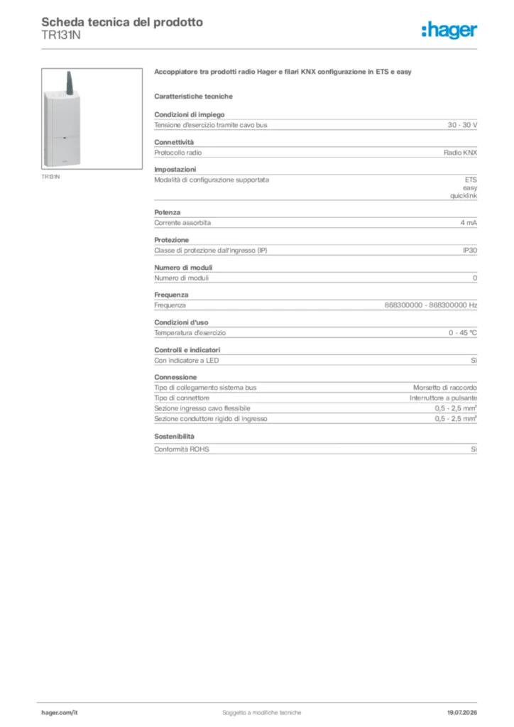 Immagine Hager Scheda tecnica del prodotto TR131N | Hager Italia