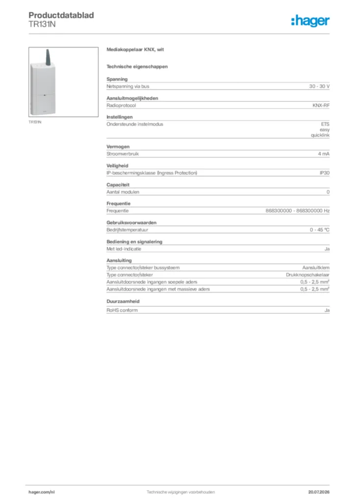 Afbeelding Hager Productdatablad TR131N | Hager Nederland