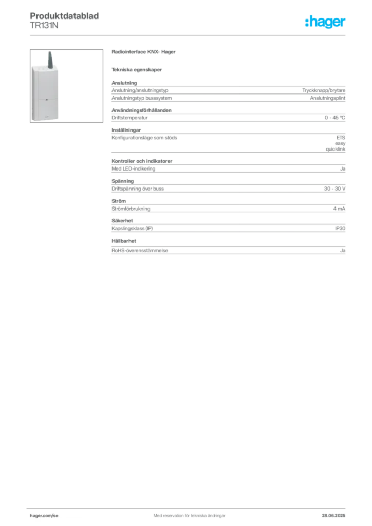 Bild Hager Produktdatablad TR131N | Hager Sverige