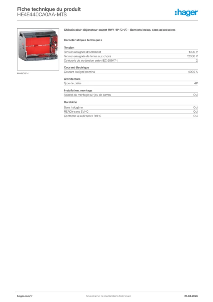 Image Hager Fiche technique du produit HE4E440CA0AA-MTS | Hager France