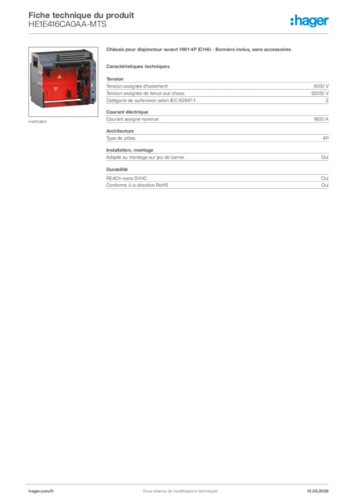 Image Hager Fiche technique du produit HE1E416CA0AA-MTS | Hager France