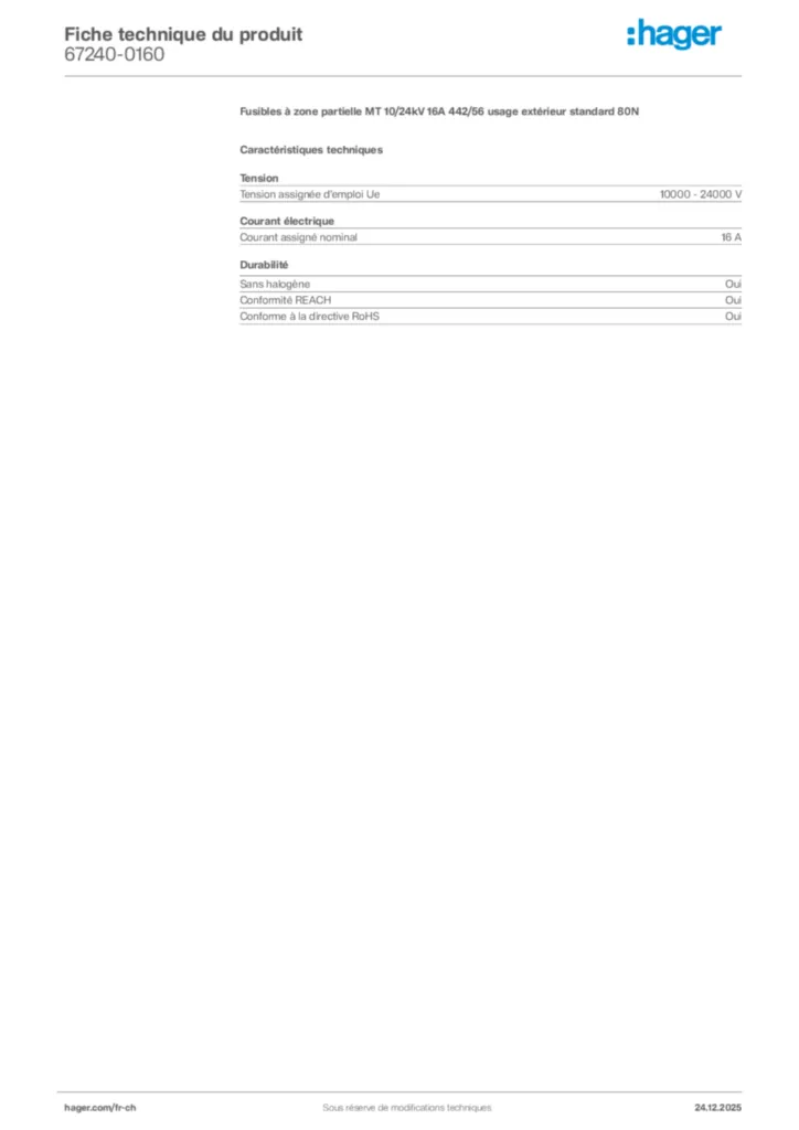 Image Hager Fiche technique du produit 67240-0160 | Hager Suisse