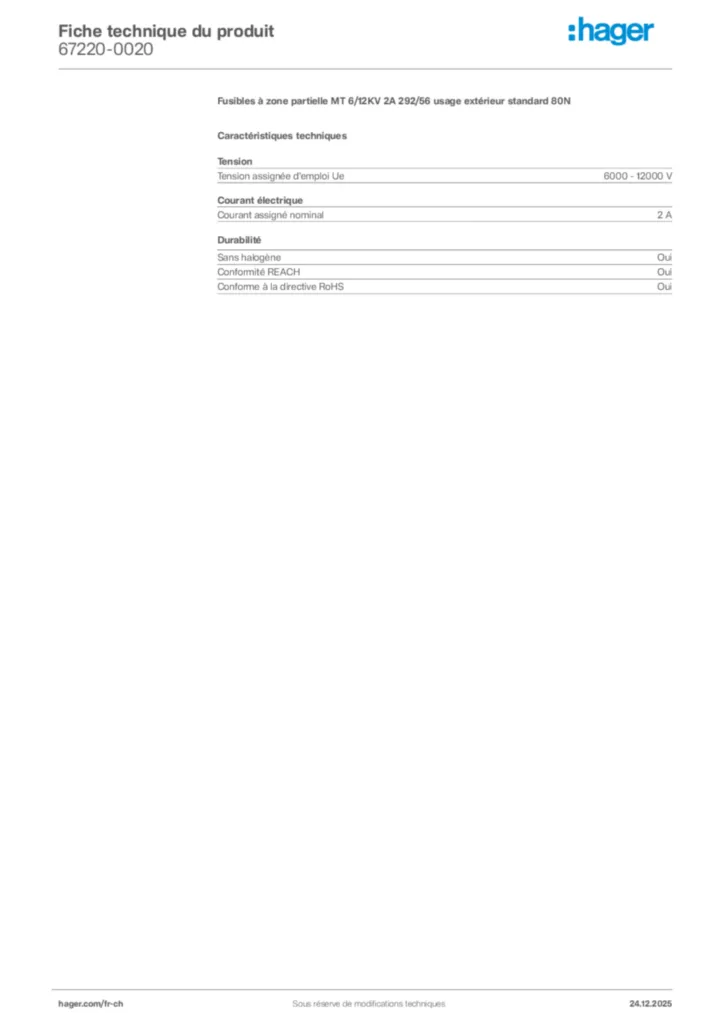 Image Hager Fiche technique du produit 67220-0020 | Hager Suisse