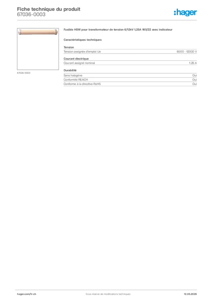 Image Hager Fiche technique du produit 67036-0003 | Hager Suisse