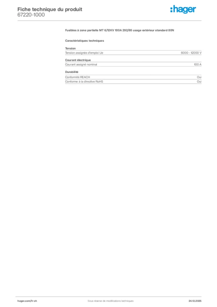 Image Hager Fiche technique du produit 67220-1000 | Hager Suisse