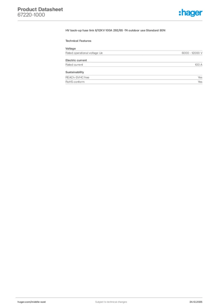 Image Hager Product data sheet 67220-1000  | Hager