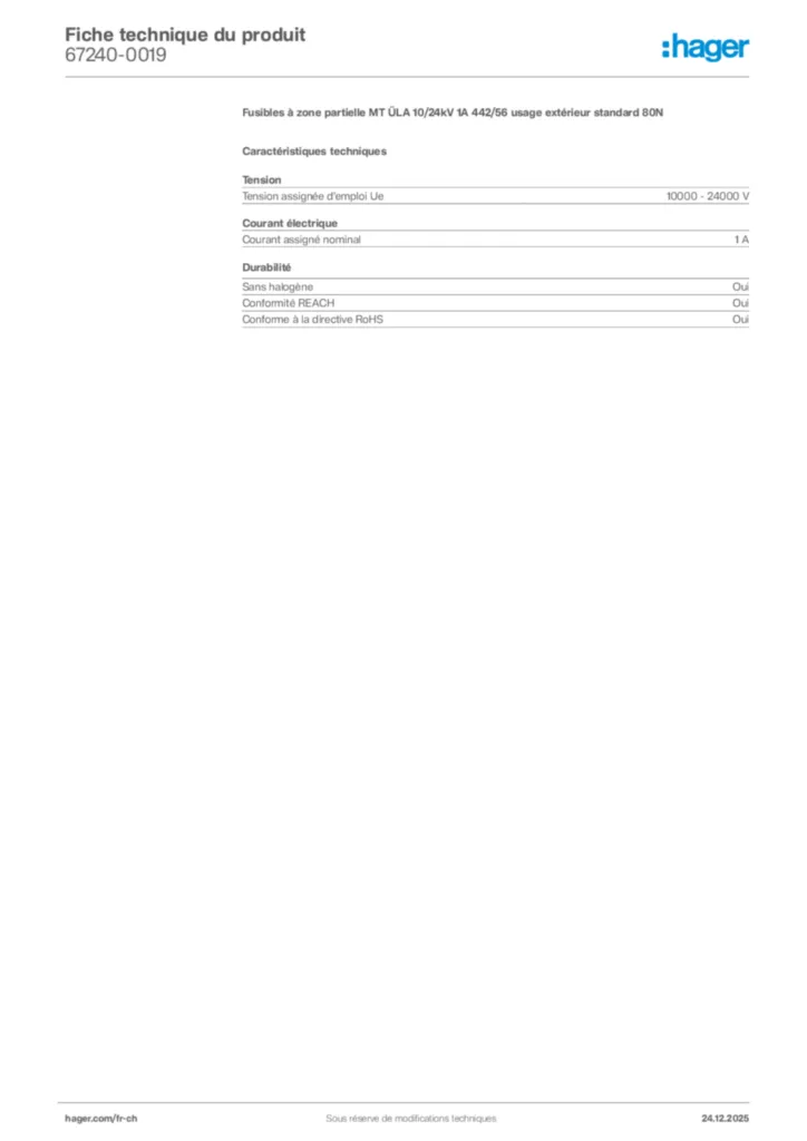 Image Hager Fiche technique du produit 67240-0019 | Hager Suisse