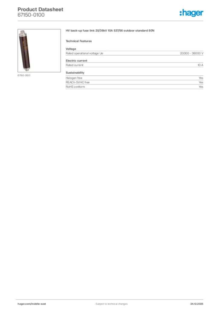 Image Hager Product data sheet 67150-0100  | Hager