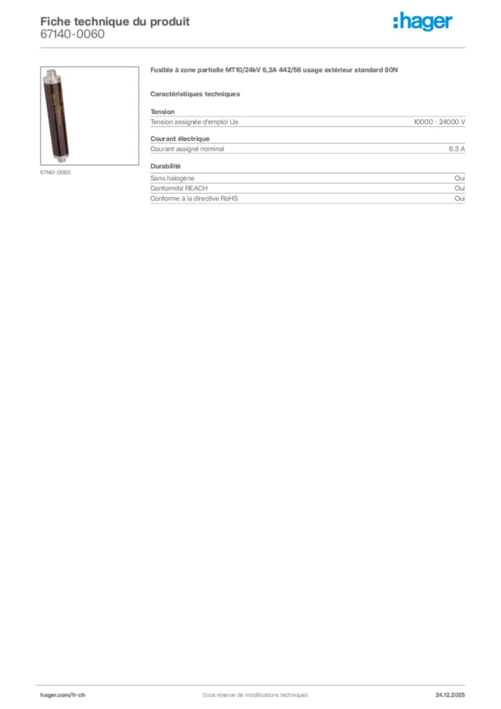 Image Hager Fiche technique du produit 67140-0060 | Hager Suisse