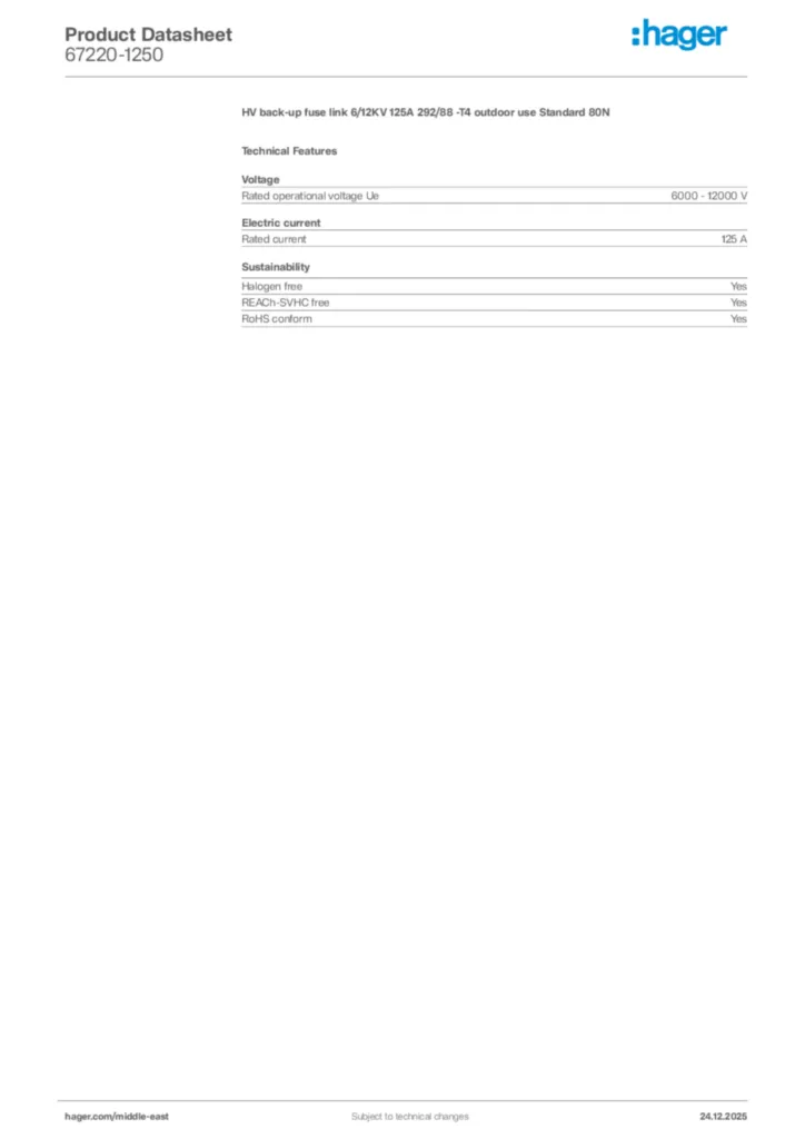 Image Hager Product data sheet 67220-1250  | Hager