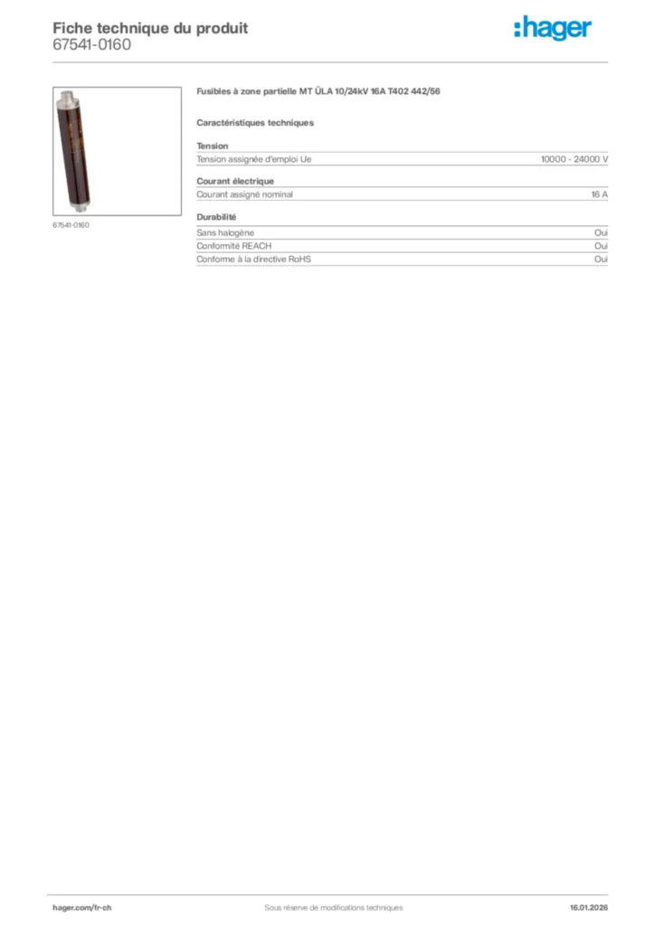 Image Hager Fiche technique du produit 67541-0160 | Hager Suisse