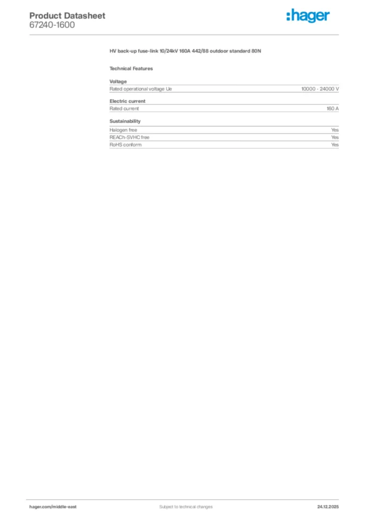 Image Hager Product data sheet 67240-1600  | Hager