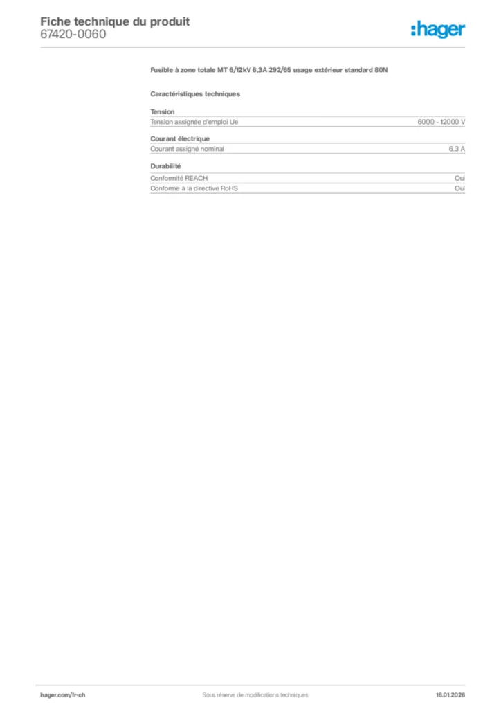 Image Hager Fiche technique du produit 67420-0060 | Hager Suisse