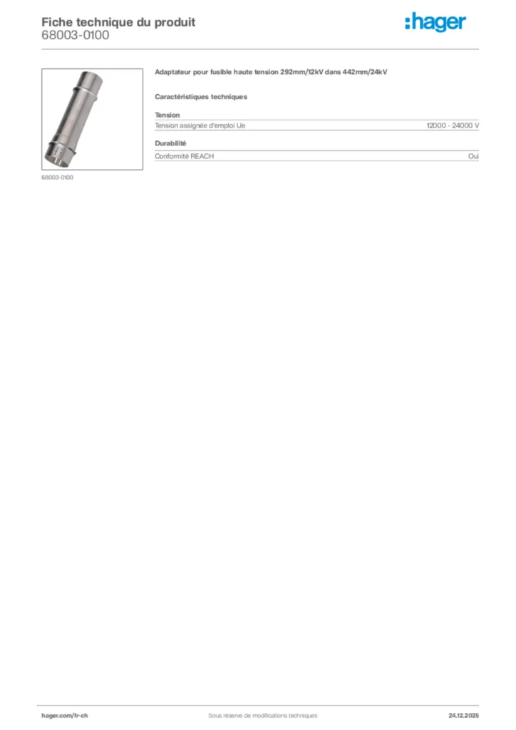 Image Hager Fiche technique du produit 68003-0100 | Hager Suisse