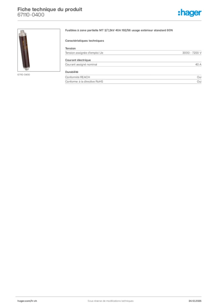 Image Hager Fiche technique du produit 67110-0400 | Hager Suisse