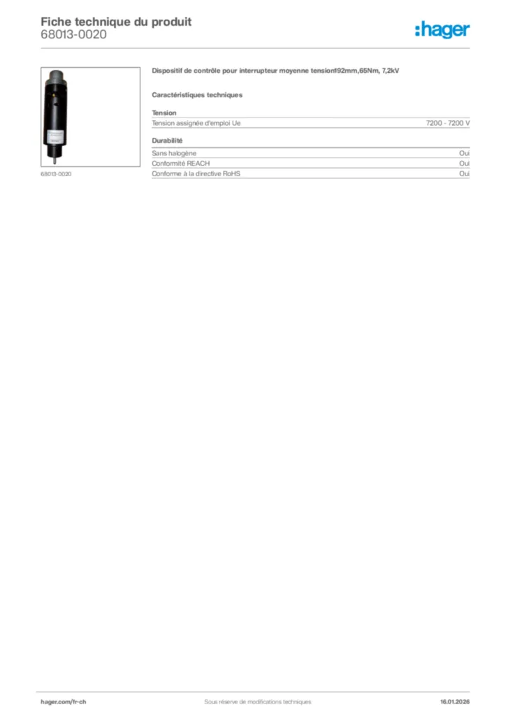 Image Hager Fiche technique du produit 68013-0020 | Hager Suisse