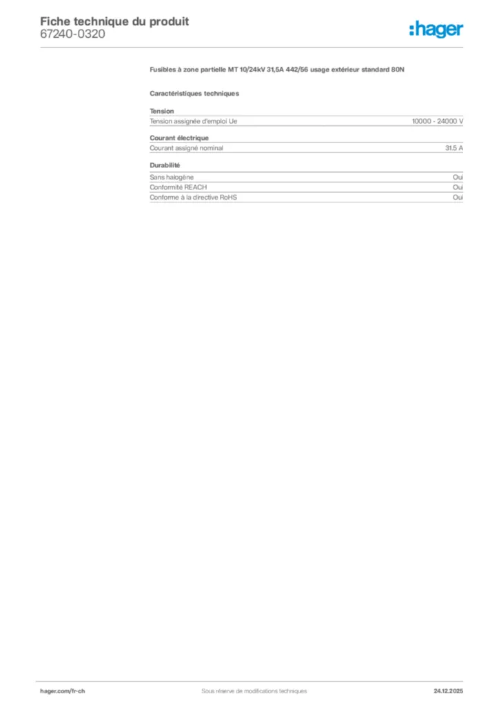 Image Hager Fiche technique du produit 67240-0320 | Hager Suisse