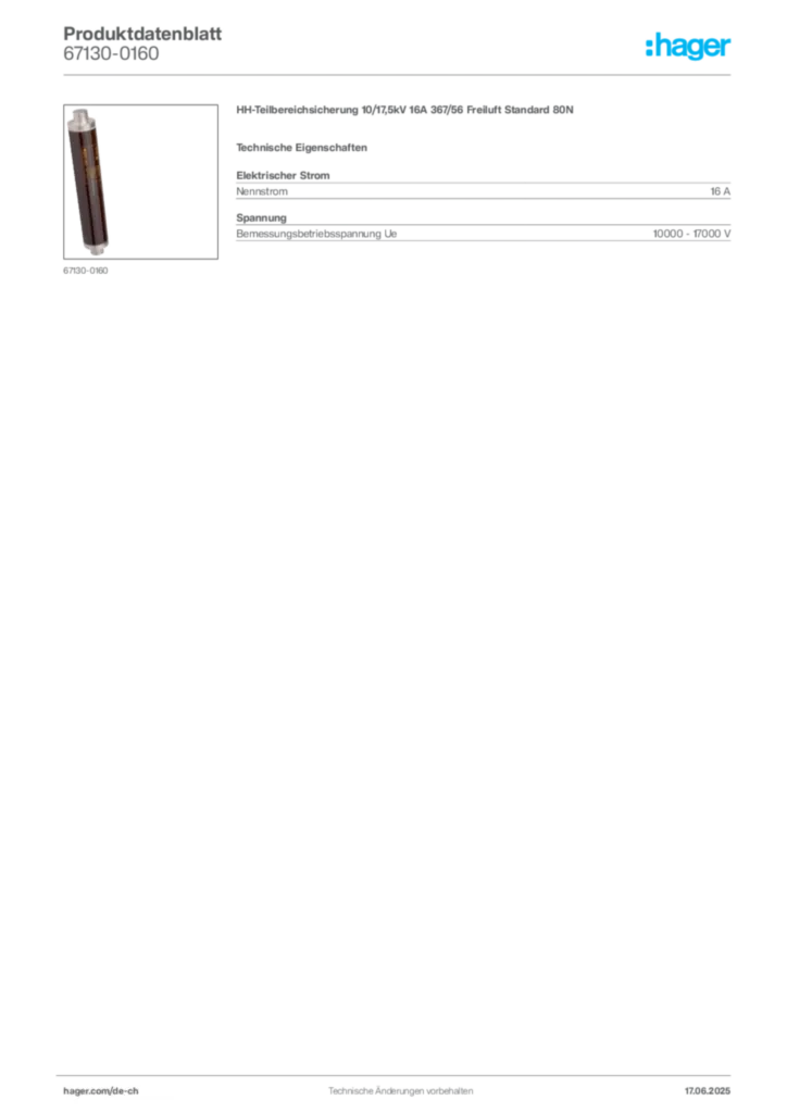 Bild Hager Produktdatenblatt 67130-0160 | Hager Schweiz