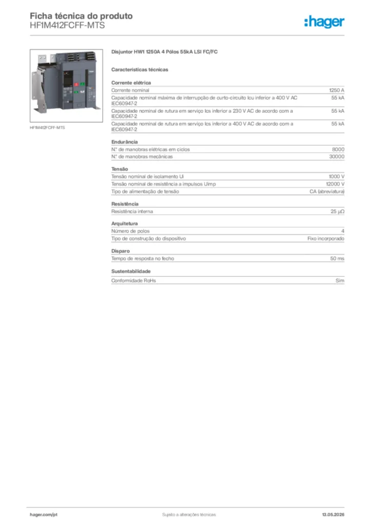 Imagem Hager Ficha técnica do produto HF1M412FCFF-MTS | Hager Portugal