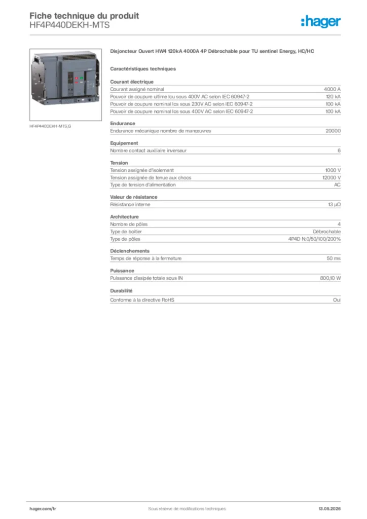 Image Hager Fiche technique du produit HF4P440DEKH-MTS | Hager France