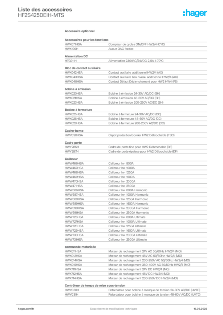Image Hager Fiche technique du produit HF2S425DEIH-MTS | Hager France