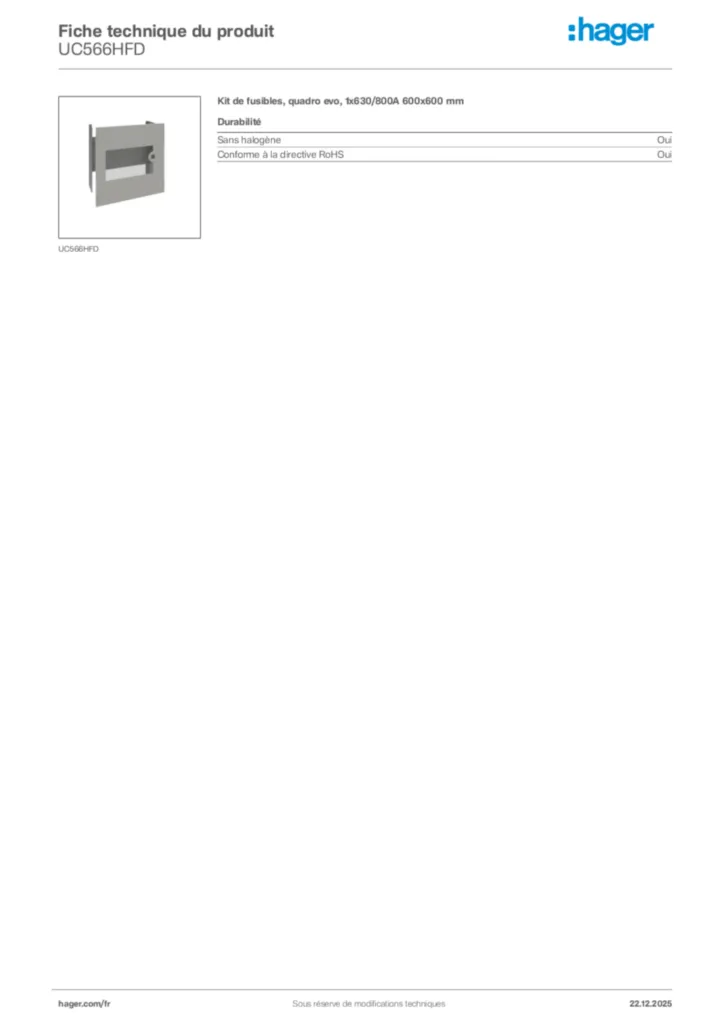 Image Hager Fiche technique du produit UC566HFD | Hager France