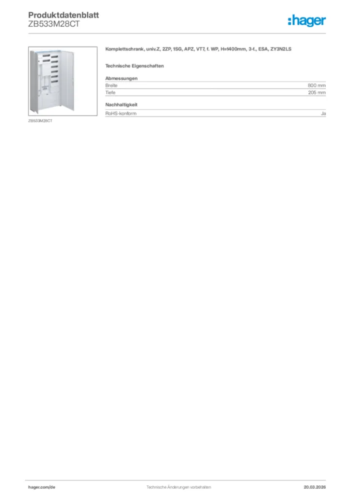 Bild Hager Produktdatenblatt ZB533M28CT | Hager Deutschland