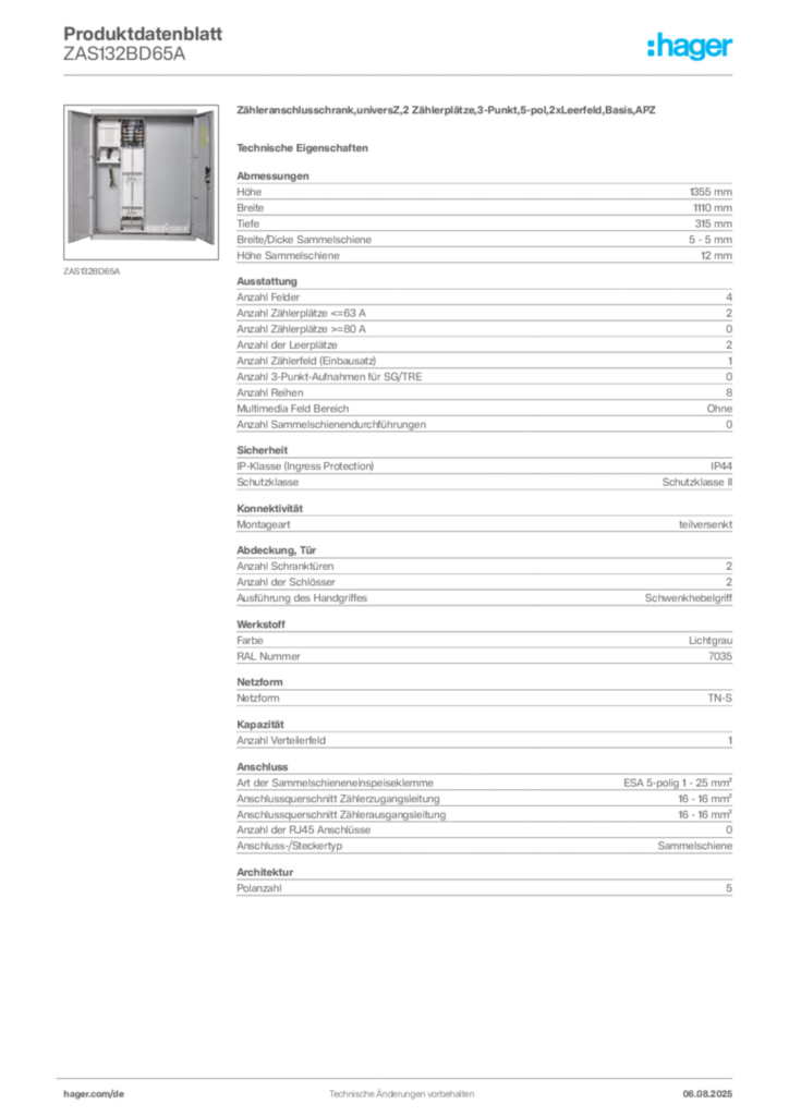 Hager Produktdatenblatt ZAS132BD65A