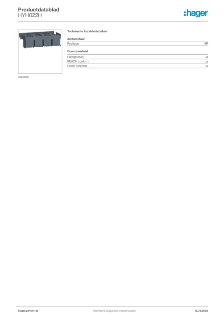 Afbeelding Hager Productdatablad HYH022H | Hager Belgium