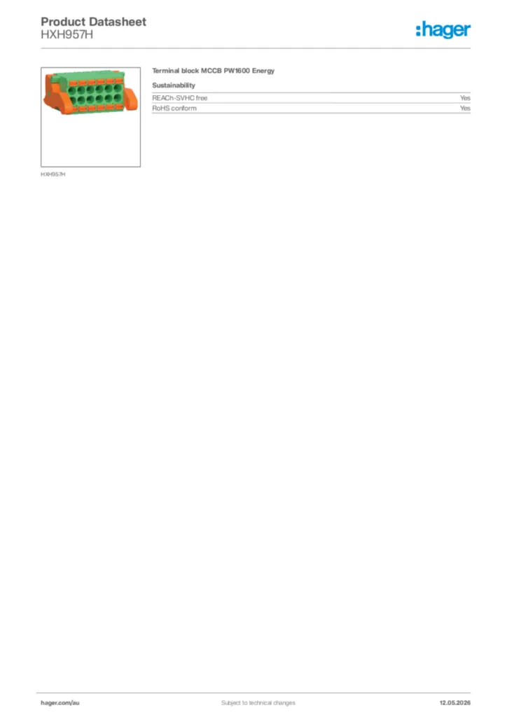 Image Hager Product data sheet HXH957H  | Hager Australia