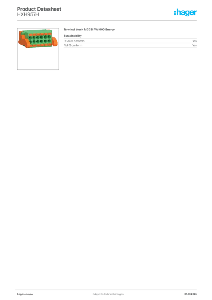 Image Hager Product data sheet HXH957H  | Hager Australia