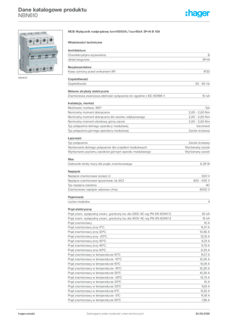 Zdjęcie Hager Dane katalogowe produktu NBN610 | Hager Polska