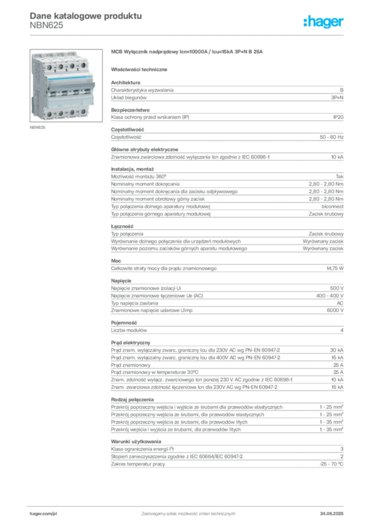 Zdjęcie Hager Dane katalogowe produktu NBN625 | Hager Polska