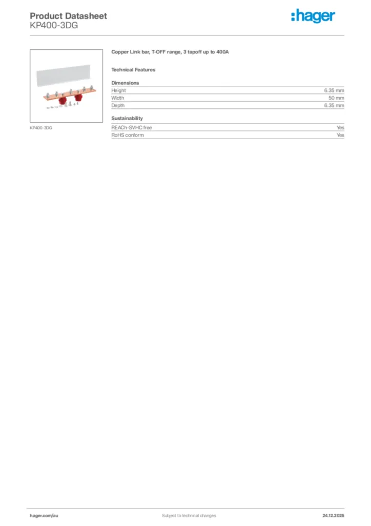 Image Hager Product data sheet KP400-3DG  | Hager Australia